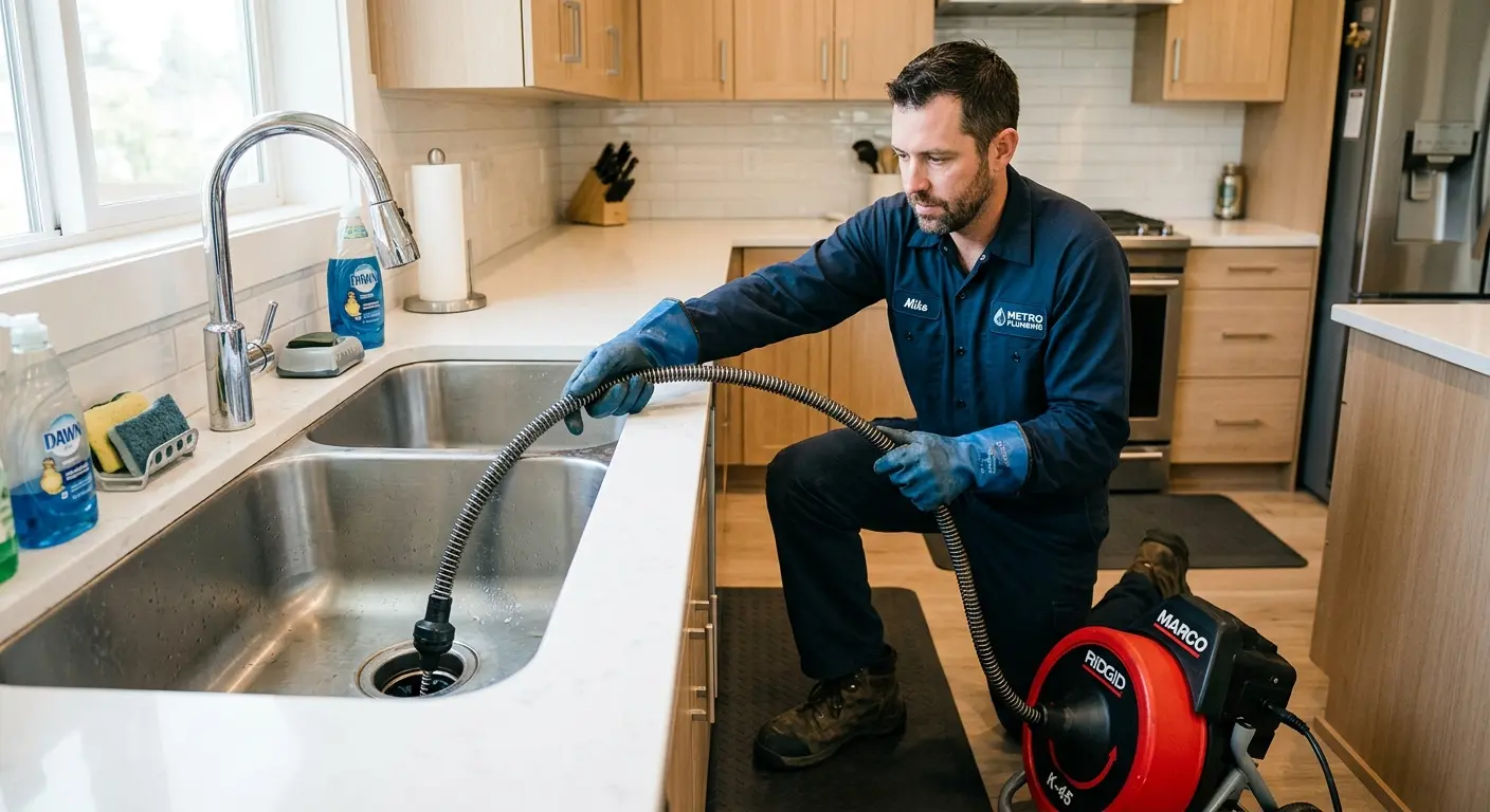 Drain cleaning technician using a motorized snake on a kitchen sink in Louisville
