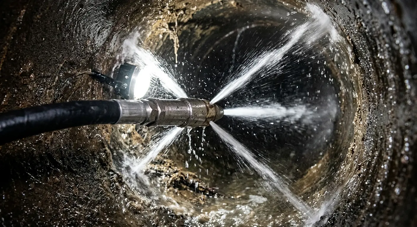 High-pressure hydro jetting nozzle cleaning sewer pipe for Sewer Cleanout in Louisville